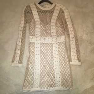 BEBE sexy long sleeve mesh dress with gold shimmer accents